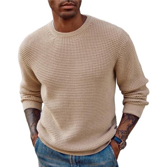 Crewneck Pullover Sweater Waffle Textured Long Sleeve Knitted Sweaters For Men